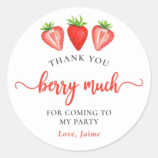 Red Strawberry Birthday Thank You Berry Much Classic Round Sticker (Front)