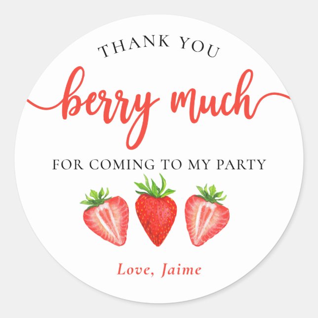 Red Strawberry Birthday Thank You Berry Much Classic Round Sticker (Front)
