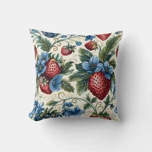 Red Strawberry & Blue Blueberry Royal Farm Style Throw Pillow