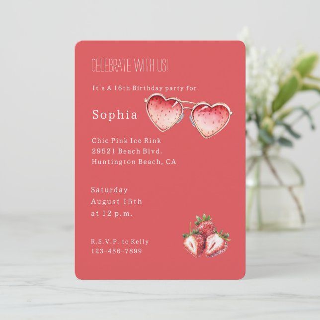 Red Strawberry Colored Heart Glasses Birthday Invitation (Standing Front)