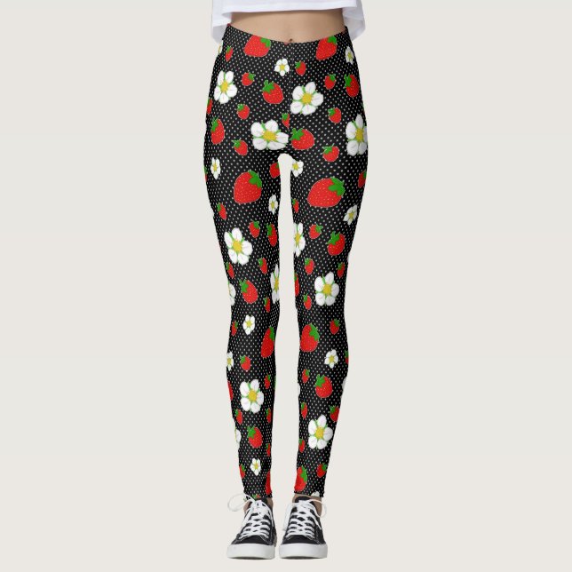 Red Strawberry Dots in Black Leggings (Front)