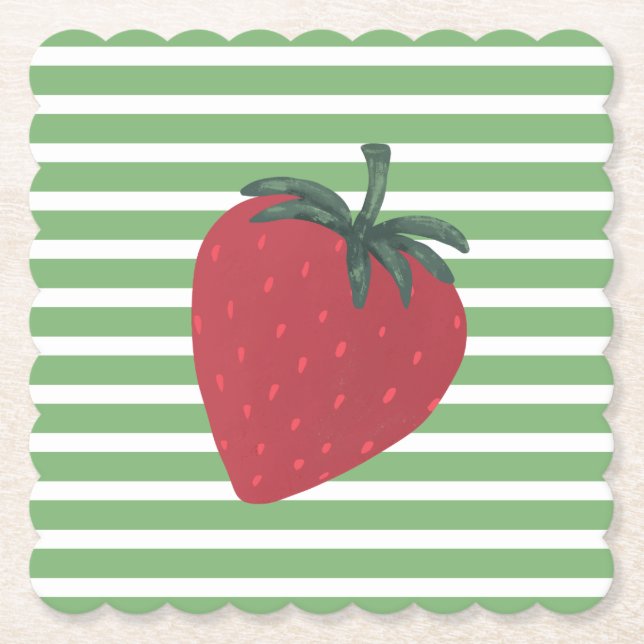 Red Strawberry Fruit and Stripes Paper Coaster (Front)