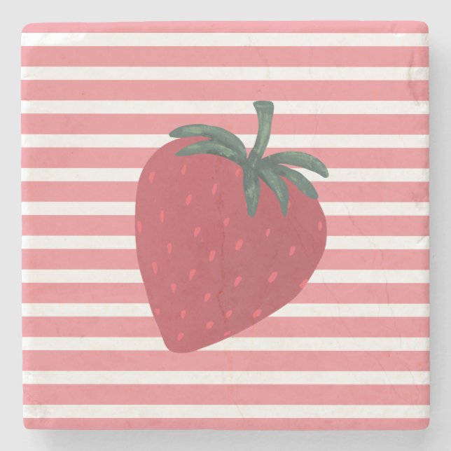 Red Strawberry Fruit and Stripes Stone Coaster (Front)