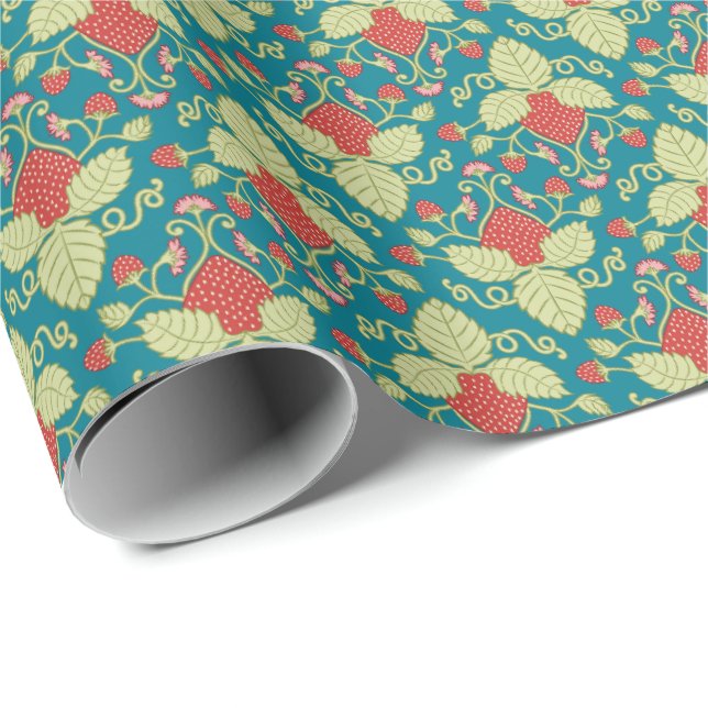 Red Strawberry Fruit, Blossoms & Runners  Wrapping Paper (Roll Corner)