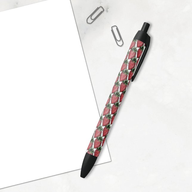 Red Strawberry Fruit Pattern Back To School  Black Ink Pen (The strawberry pattern on this pen is set over a white background. A back to school gift idea. )
