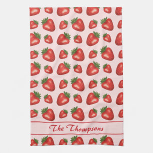 Red Strawberry Fruit Pattern On Pink With Text Kitchen Towel