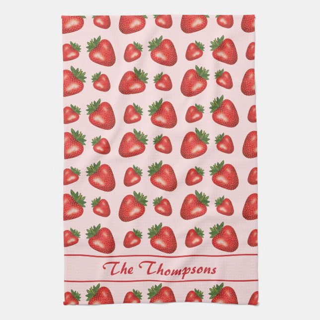 Red Strawberry Fruit Pattern On Pink With Text Kitchen Towel (Vertical)