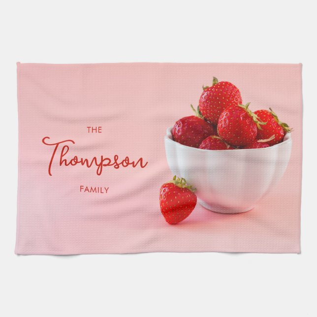 Red Strawberry Fruits On Pink With Family Name Kitchen Towel (Horizontal)