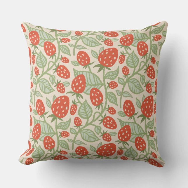 Red strawberry & green leaves pattern throw pillow (Front)