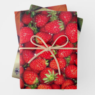 Red strawberry, green pear and orange fruit custom wrapping paper sheet