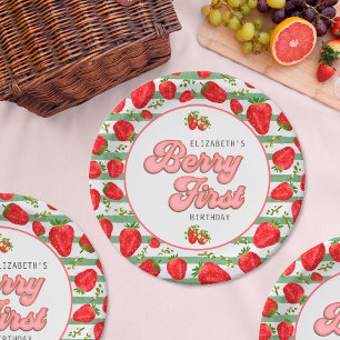 Red Strawberry Green White Stripes Berry First Paper Plate