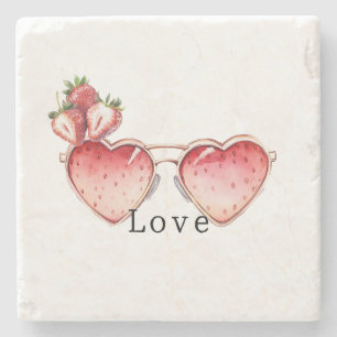 Red Strawberry Heart Colored Glasses Stone Coaster