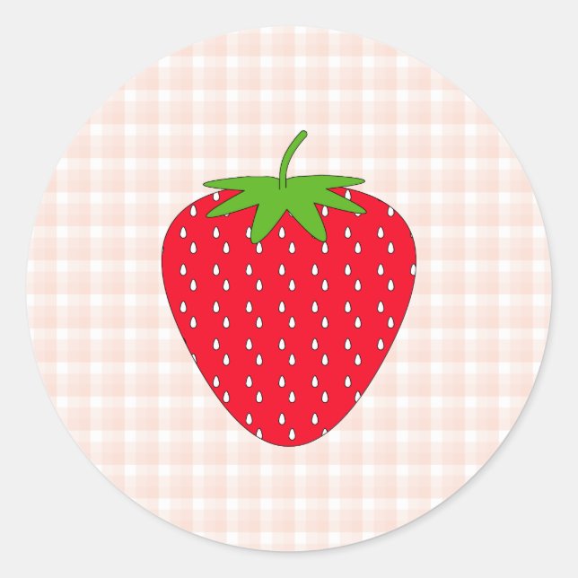 Red Strawberry on Gingham Check. Classic Round Sticker (Front)