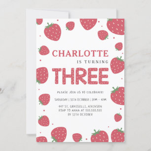 Red Strawberry Pattern 3rd Summer Birthday Invitation