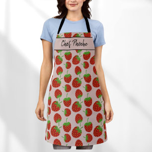 Red Strawberry Pattern Custom Name Apron