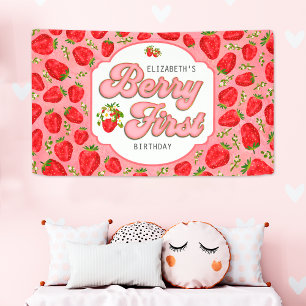 Red Strawberry Pattern Pink Berry First Birthday Banner
