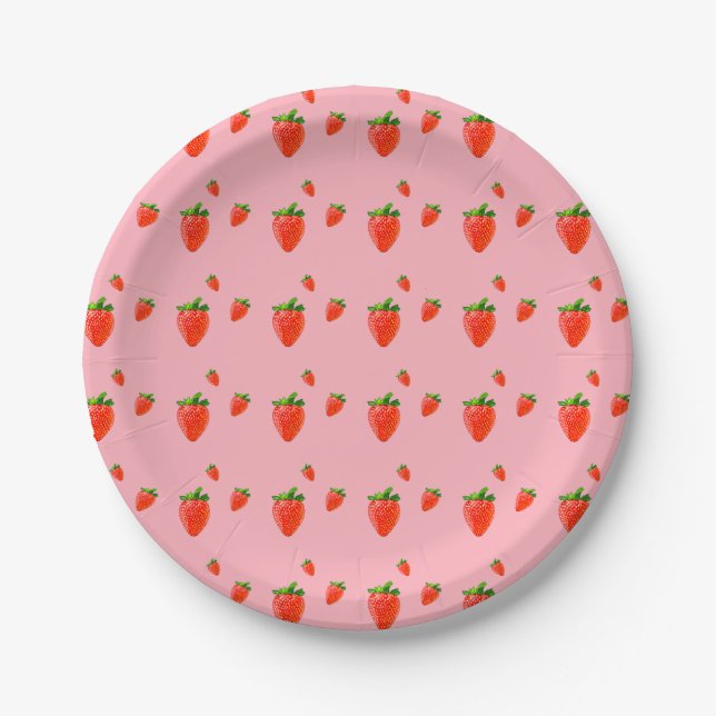 Red Strawberry Pattern Pink Party  Paper Plate (Front)