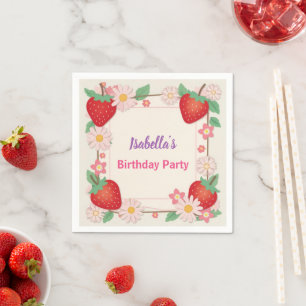 Red Strawberry pink Birthday Party for kids Napkin