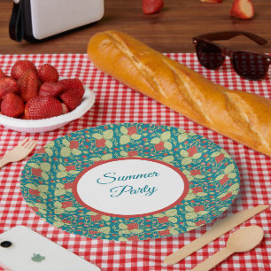 Red Strawberry & Pink Flower & Vines Paper Plate