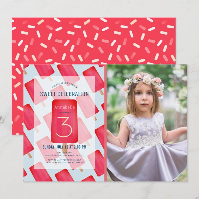 Red Strawberry Popsicle Girl Photo Birthday Invitation (Front/Back)