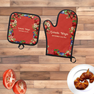 Red Strawberry Summer Fruit Very Berry Blue Sweet Oven Mitt & Pot Holder Set