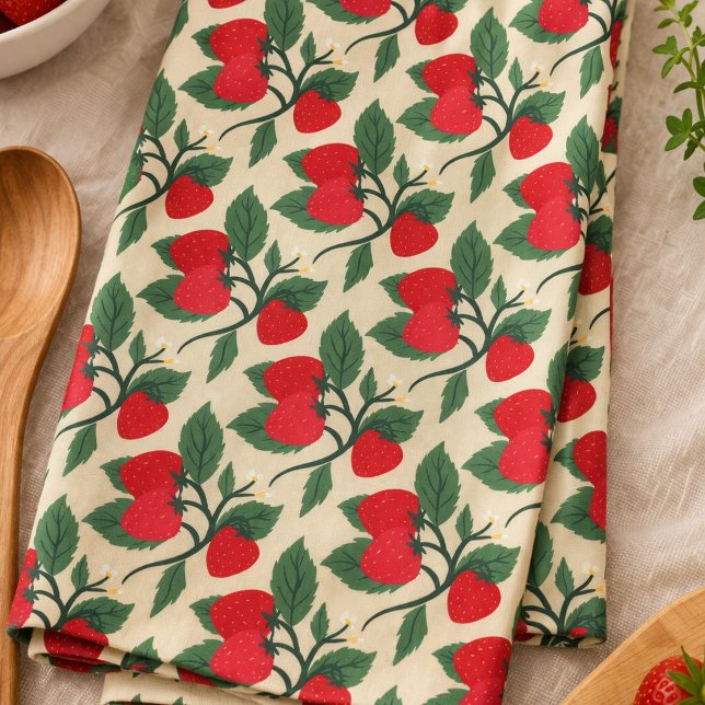 Red Strawberry Vine Monogram Vintage Kitchen Towel (Creator Uploaded)