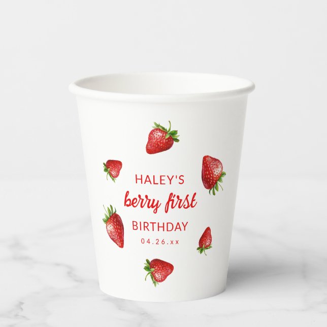Red Strawberry Watercolor Berry 1st Baby Birthday Paper Cups (Front)