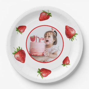 Red Strawberry Watercolor Berry 1st Photo Birthday Paper Plate