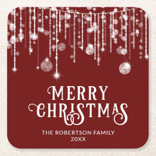 Red String Lights Christmas Party Square Paper Coaster