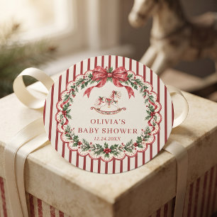 Red Stripe A Merry Christmas Baby Shower Classic Round Sticker