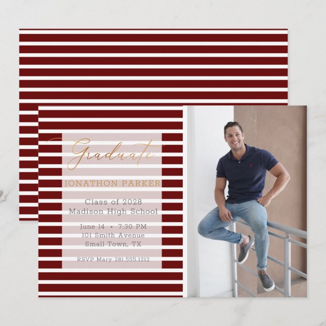 Red Stripe Add Your Own Photo Graduation Announcement (Front/Back)