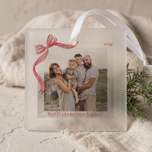 Red Stripe Bow Ribbon Photo Ornament  Keepsake