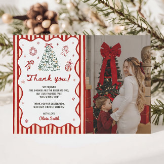 Red Stripe Christmas Baby Shower Photo Thank You Card