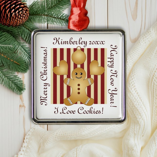 Red Stripe Christmas Cookie Cute Gingerbread Man Metal Ornament (Creator Uploaded)