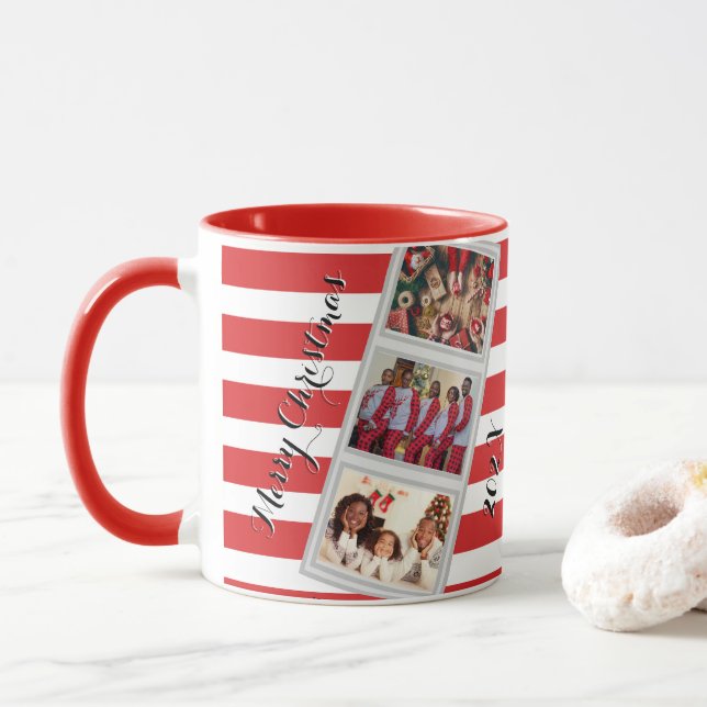 Red Stripe Christmas Photo 3 Pictures Three Photo Mug (With Donut)