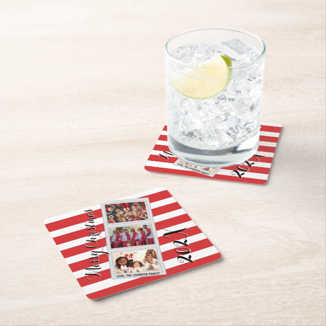 Red Stripe Christmas Photo 3 Pictures Three Photo Square Paper Coaster (Insitu)
