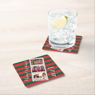 Red Stripe Christmas Photo 3 Pictures Three Photo Square Paper Coaster