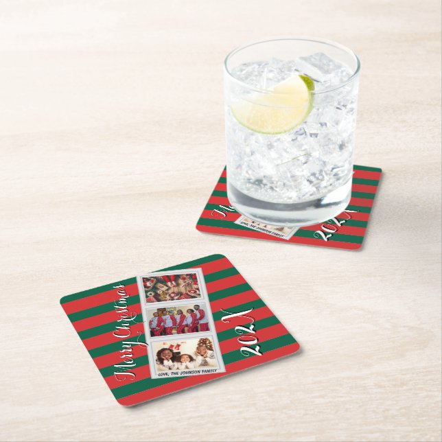 Red Stripe Christmas Photo 3 Pictures Three Photo Square Paper Coaster (Insitu)