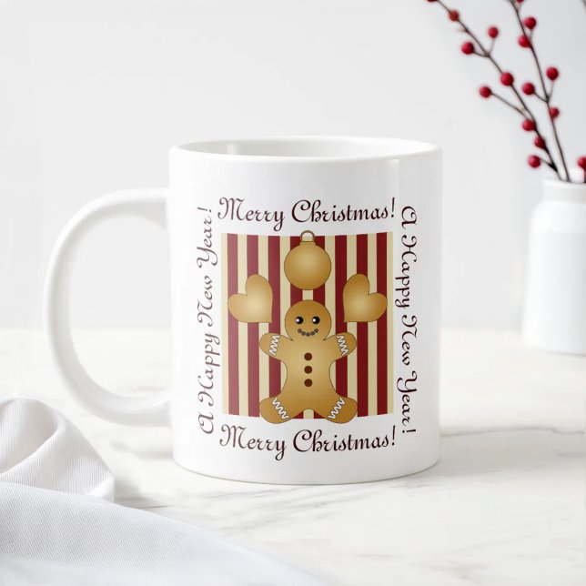 Red Stripe Cute Gingerbread Man Christmas Large Coffee Mug (Creator Uploaded)