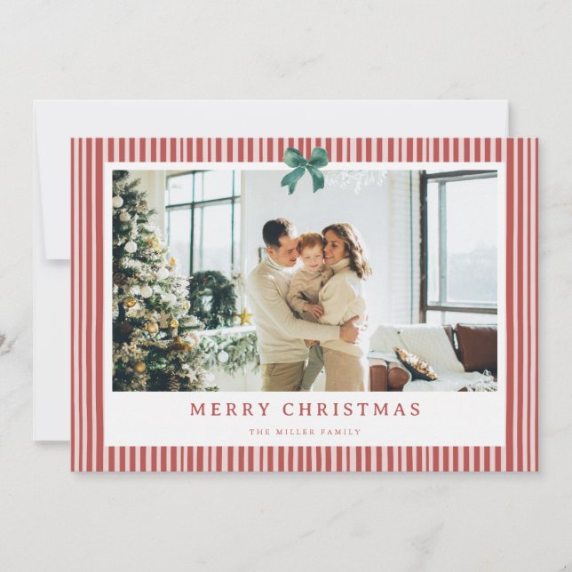 Red Stripe Green Bow Christmas Photo Holiday Card  (Front)