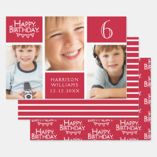 Red Stripe Happy Birthday Bunting Photo Wrapping Paper Sheet