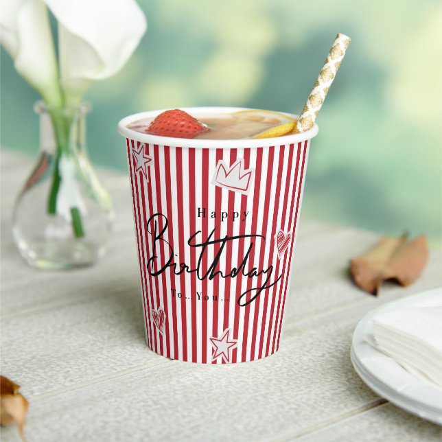 Red Stripe Happy Birthday Paper Cup (Insitu)
