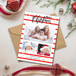 Red Stripe Merry Christmas 3 Photo Collage Card<br><div class="desc">This fun holiday card features bright red stripes and your three favourite photos on the front.  Easy to personalize – just add your photos and holiday message.  The back has red and white Merry Christmas pattern.</div>