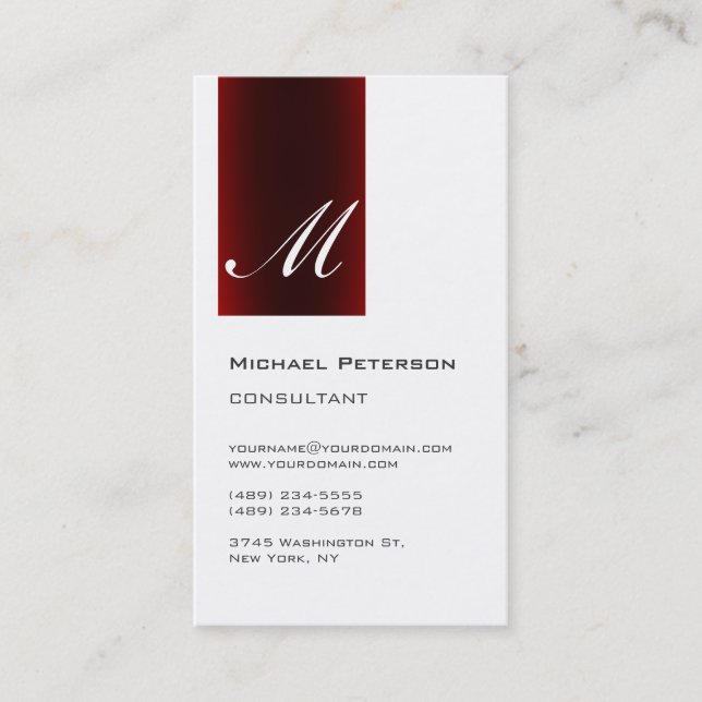 Red Stripe White Monogram Vertical Business Card (Front)
