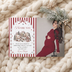 Red Stripe Winter Village Christmas Baby Shower Thank You Card