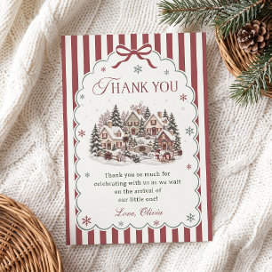 Red Stripe Winter Village Christmas Baby Shower Thank You Card