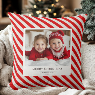 Red Stripe with Photo Merry Christmas and Name  Throw Pillow