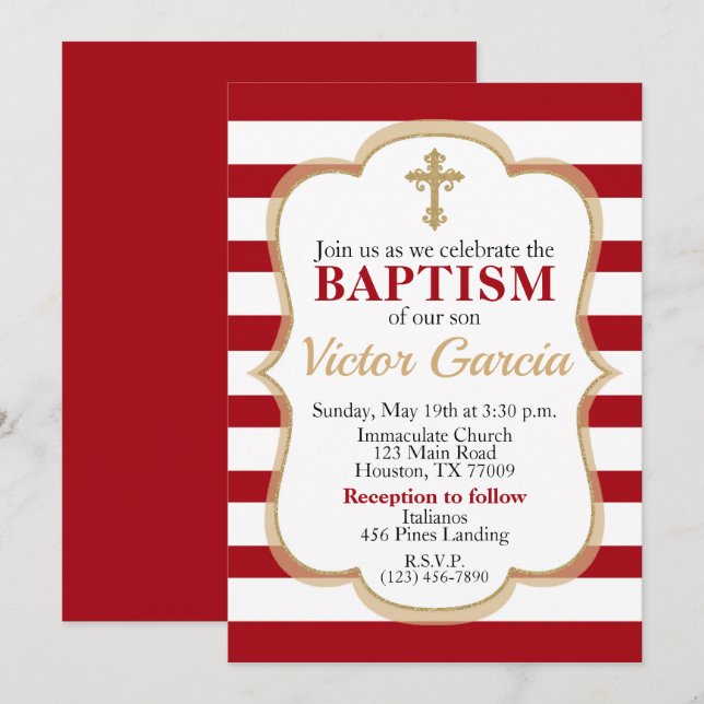 Red Striped Faux Gold Glitter Boy or Girl Baptism Invitation (Front/Back)