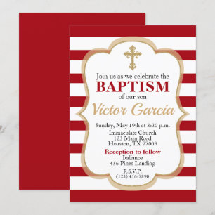 Red Striped Faux Gold Glitter Boy or Girl Baptism Invitation