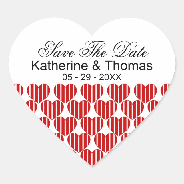 Red Striped Hearts Save The Date Stickers (Front)